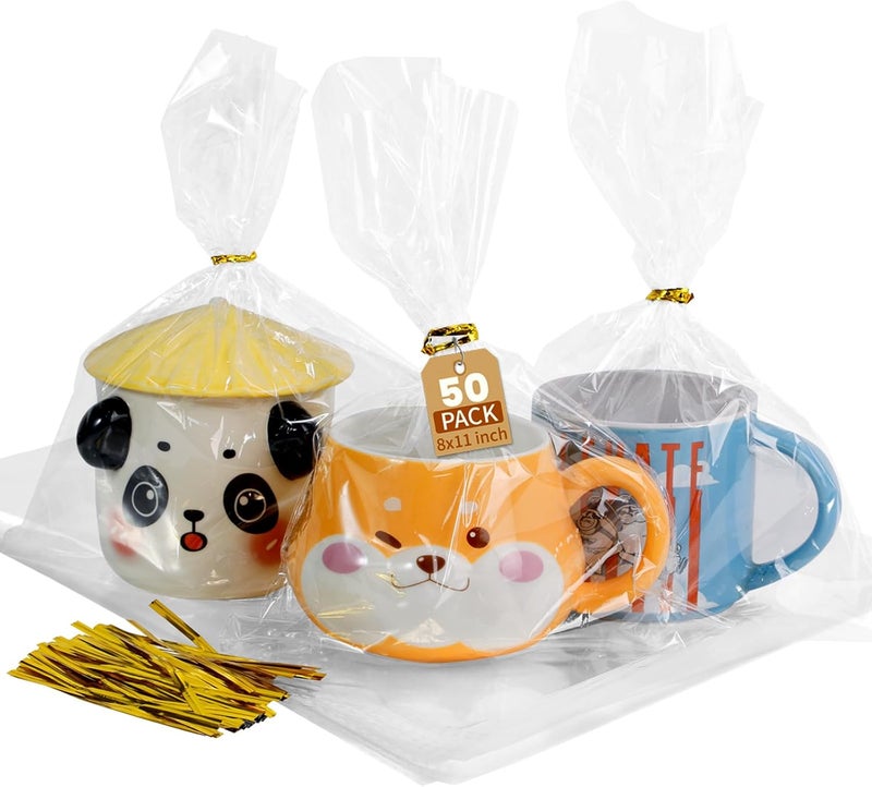 Bonison 8x11 Inch Cellophane Treat Bags - 50pcs Candy Goodie Gift Bags With Twist Ties, Perfect For Party Favors, Candies Cookies Chocolate Gift Wrapping - Image 1